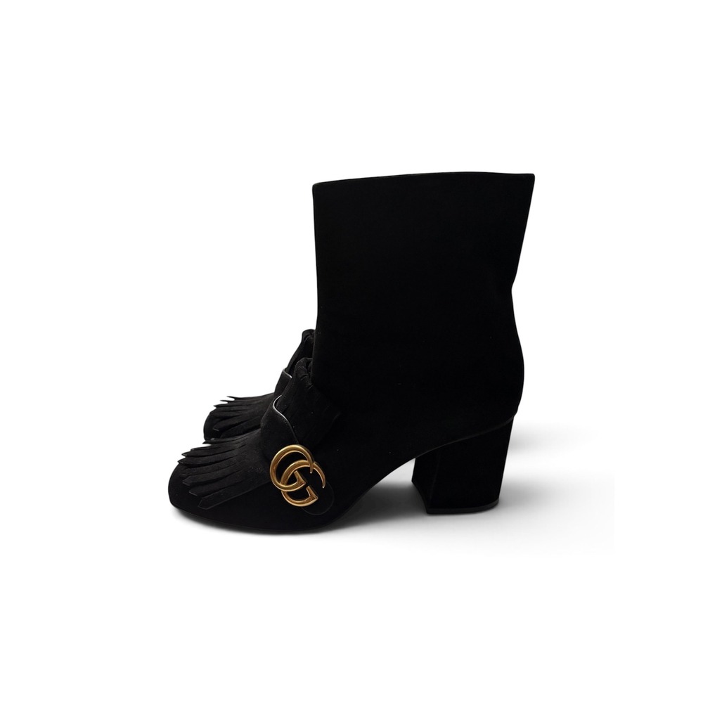 Gucci Marmont Black Suede Fringed Ankle Boots Double G Logo Block Heel 39